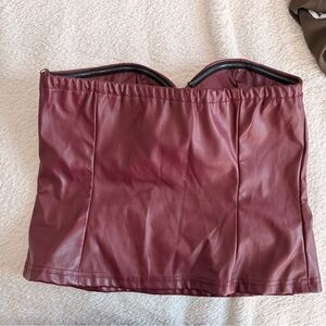 Burgundy Faux Leather Strapless Bustier Top